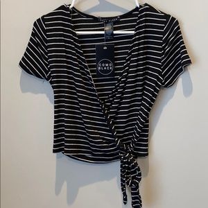 Black cross body tie shirt with white stripes